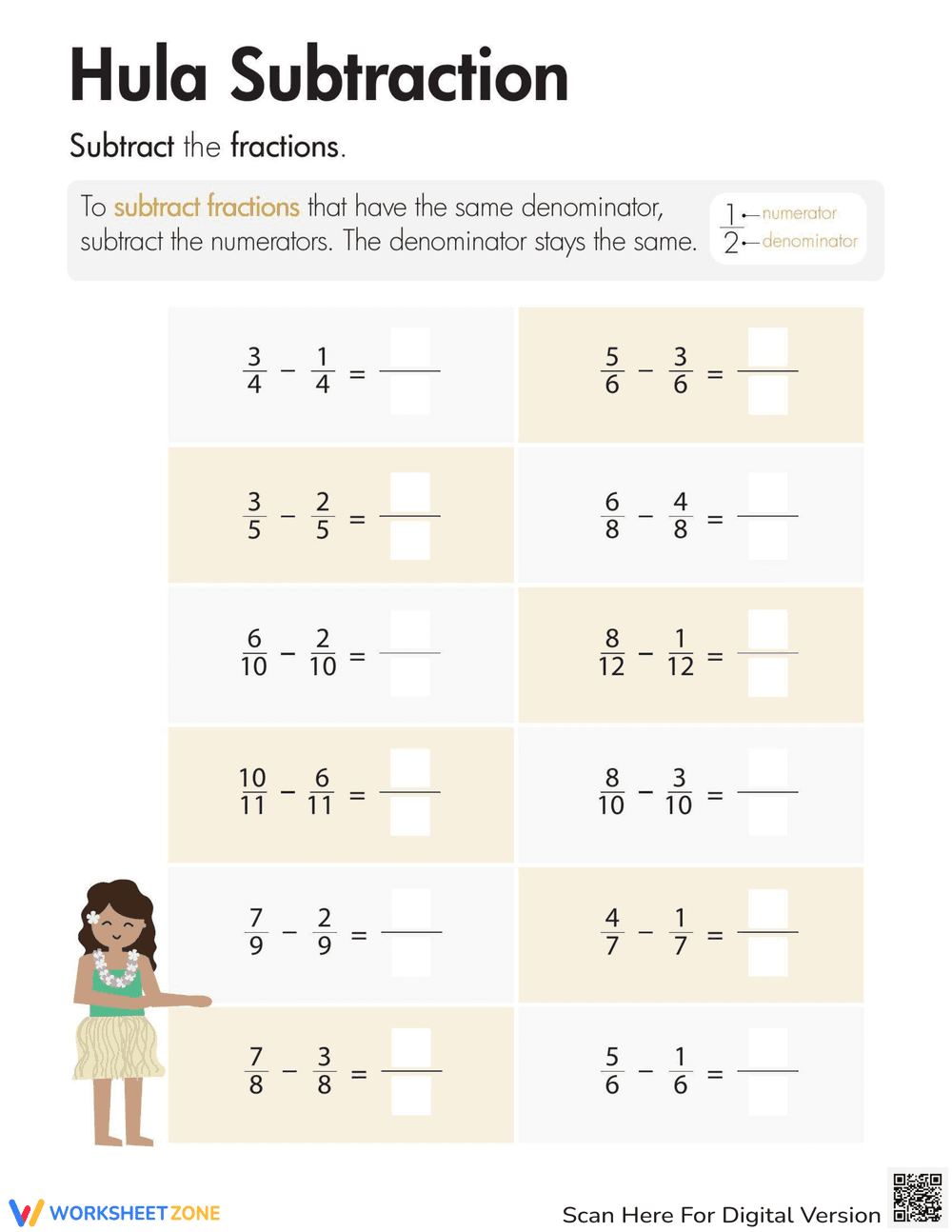 Fraction Subtraction Hula Worksheet - Page 1