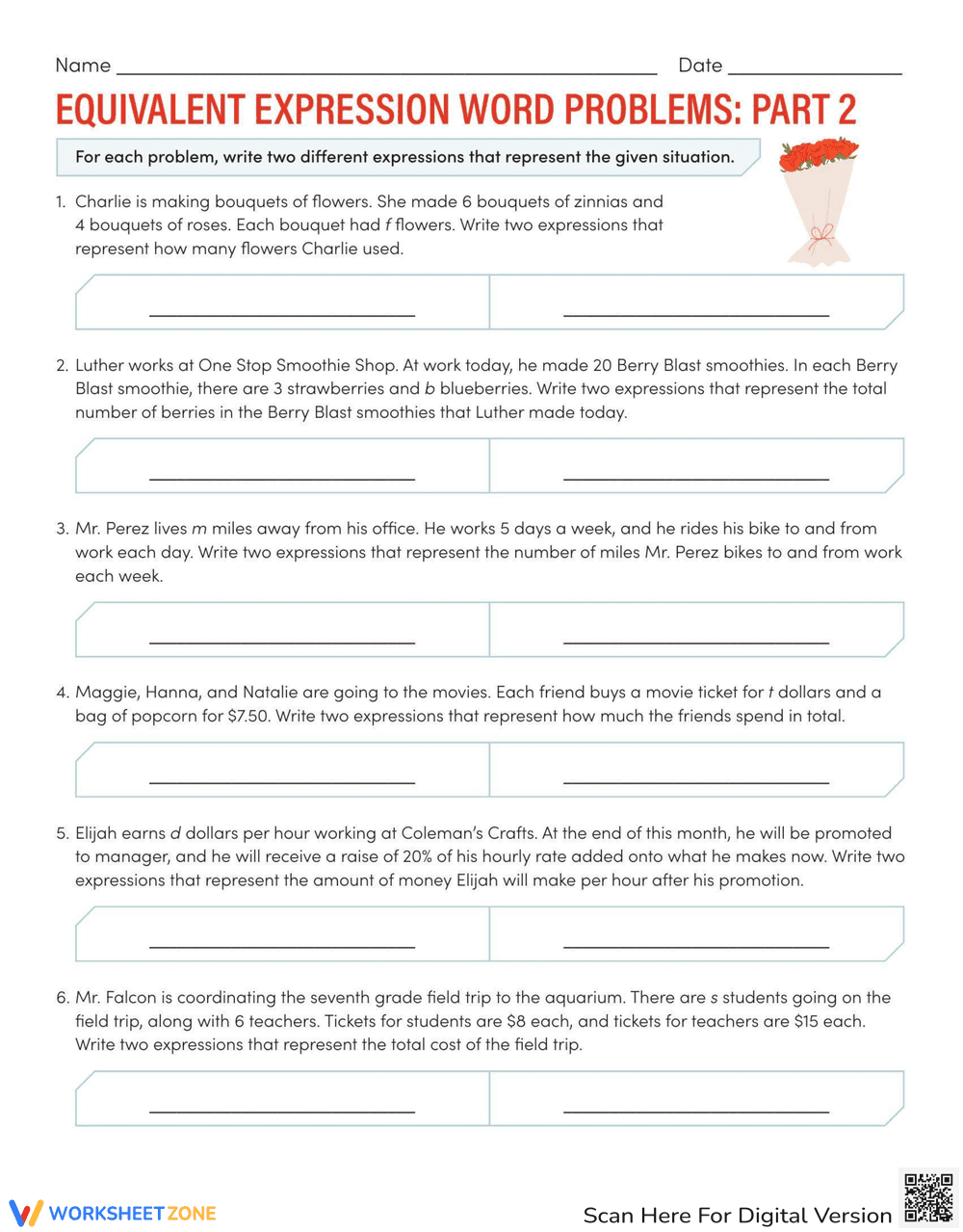 Equivalent Expressions Word Problems Worksheet - Page 1