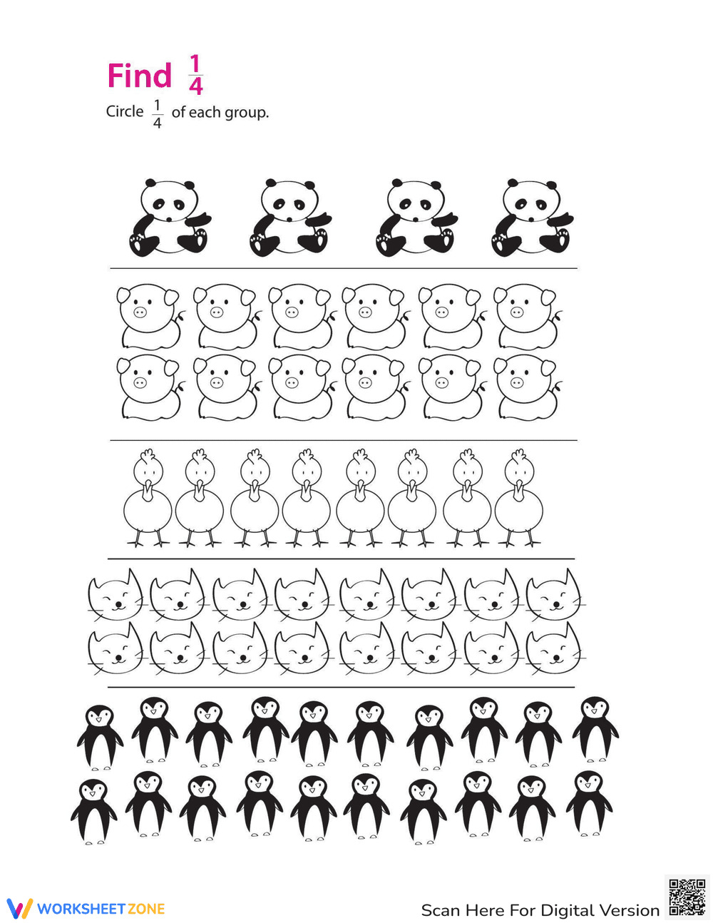 Fractions: Find One-Fourth Worksheet - Page 1