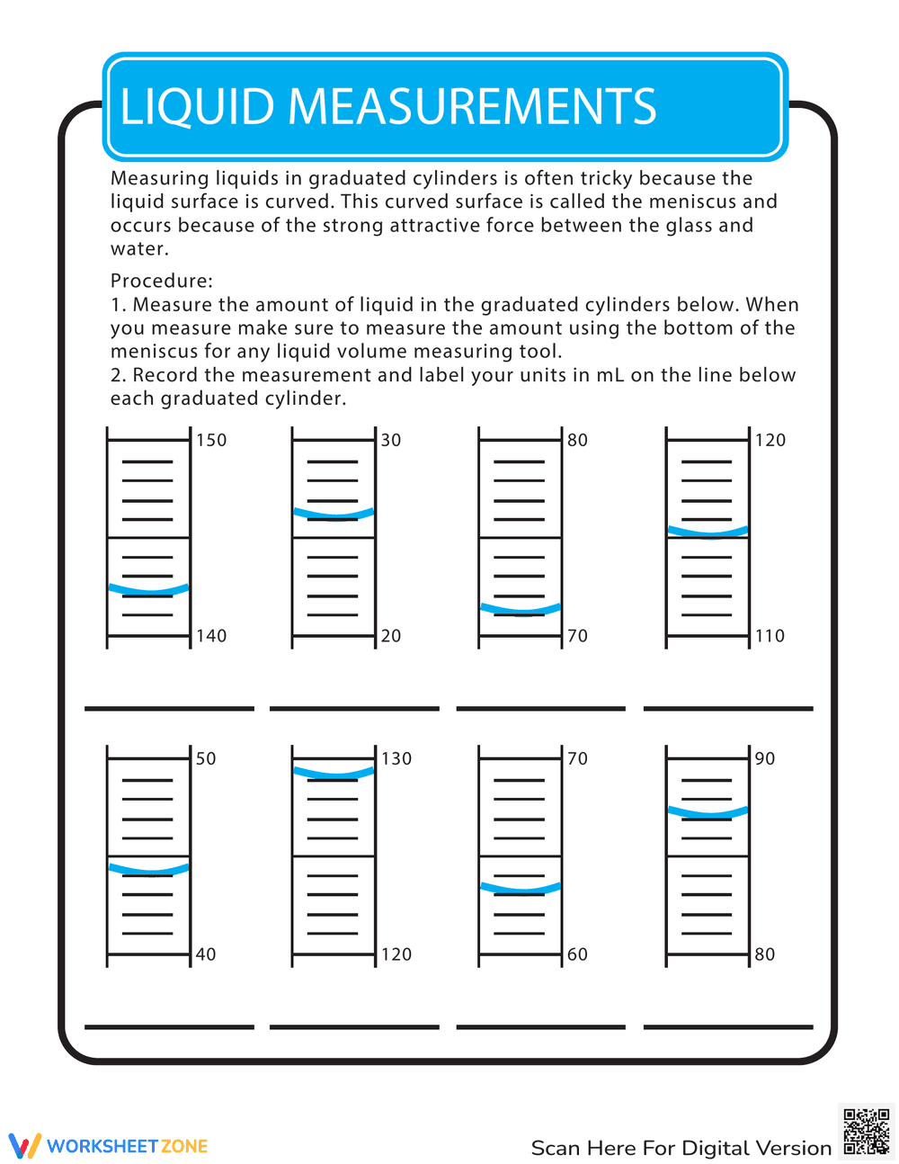 Reading Graduated Cylinder Measurements Worksheet - Page 1