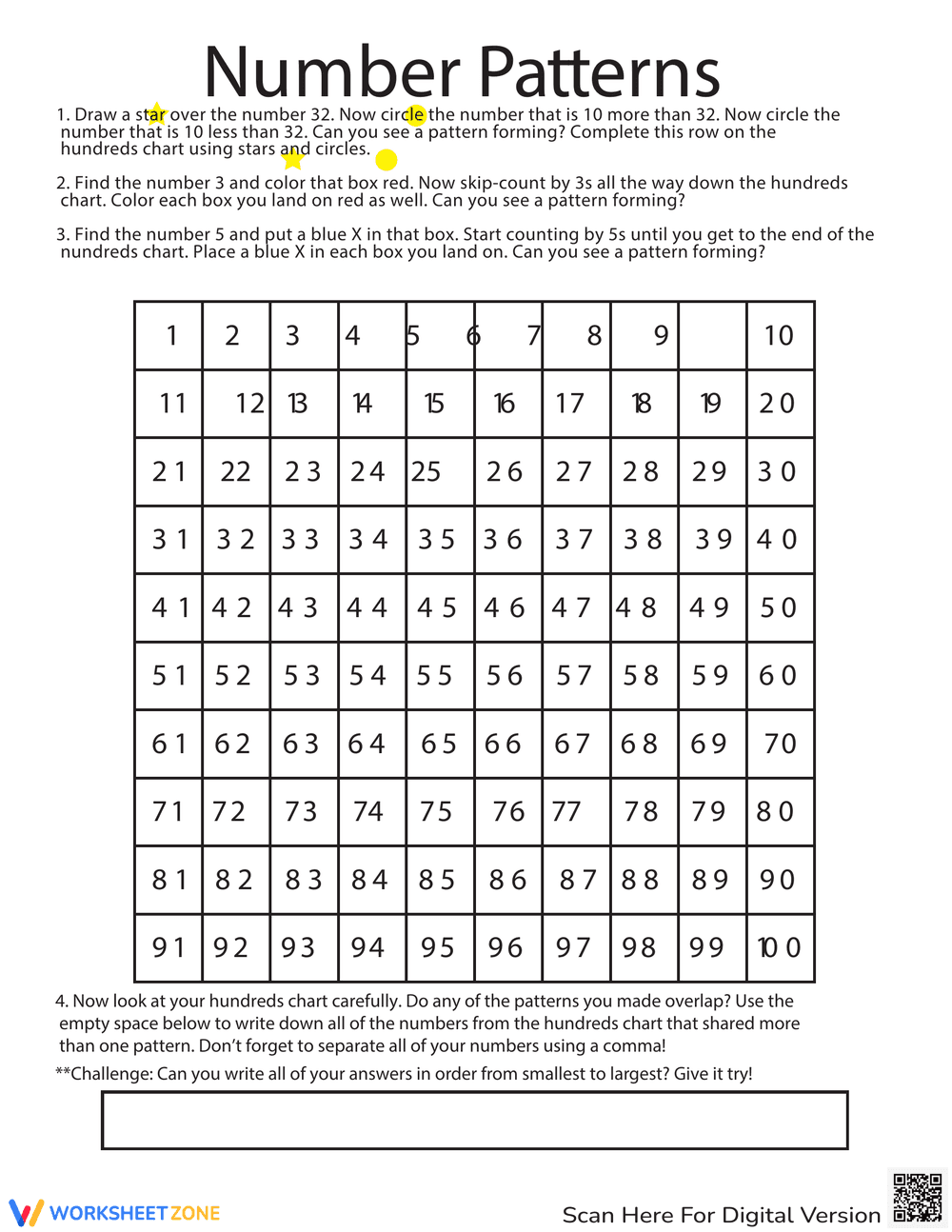 Number Patterns Chart Worksheet - Page 1