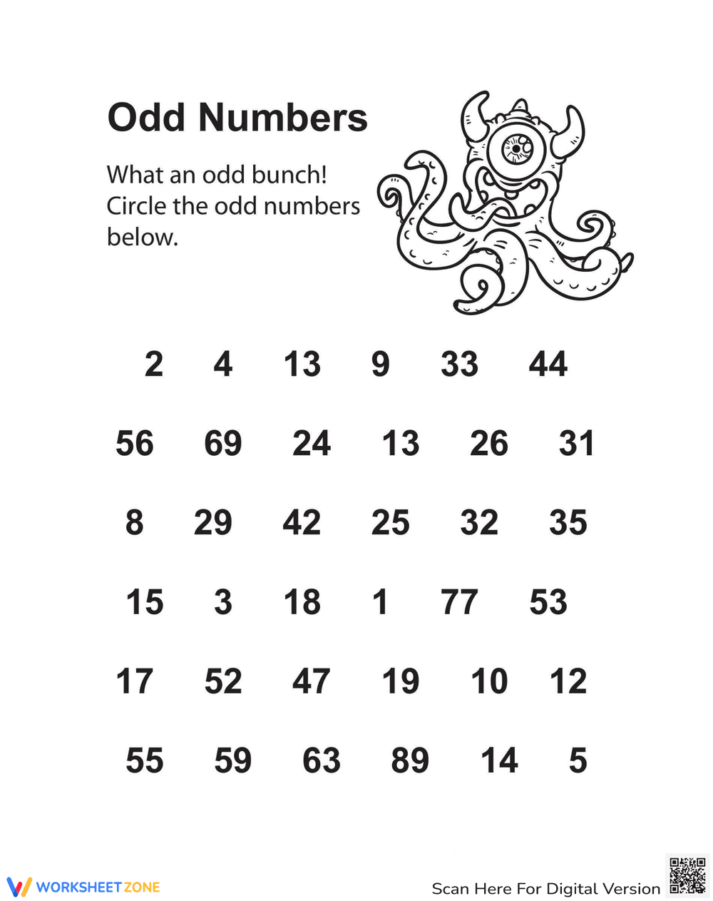 Identifying Odd Numbers: Math Worksheet for Kids - Page 1