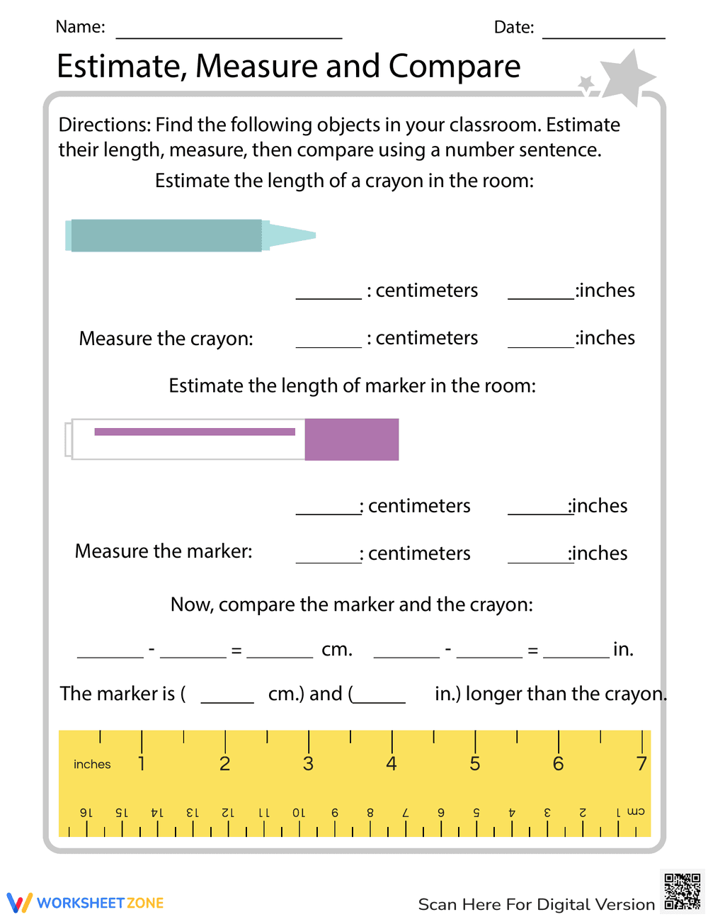 Estimate, Measure, and Compare Worksheet - Page 1