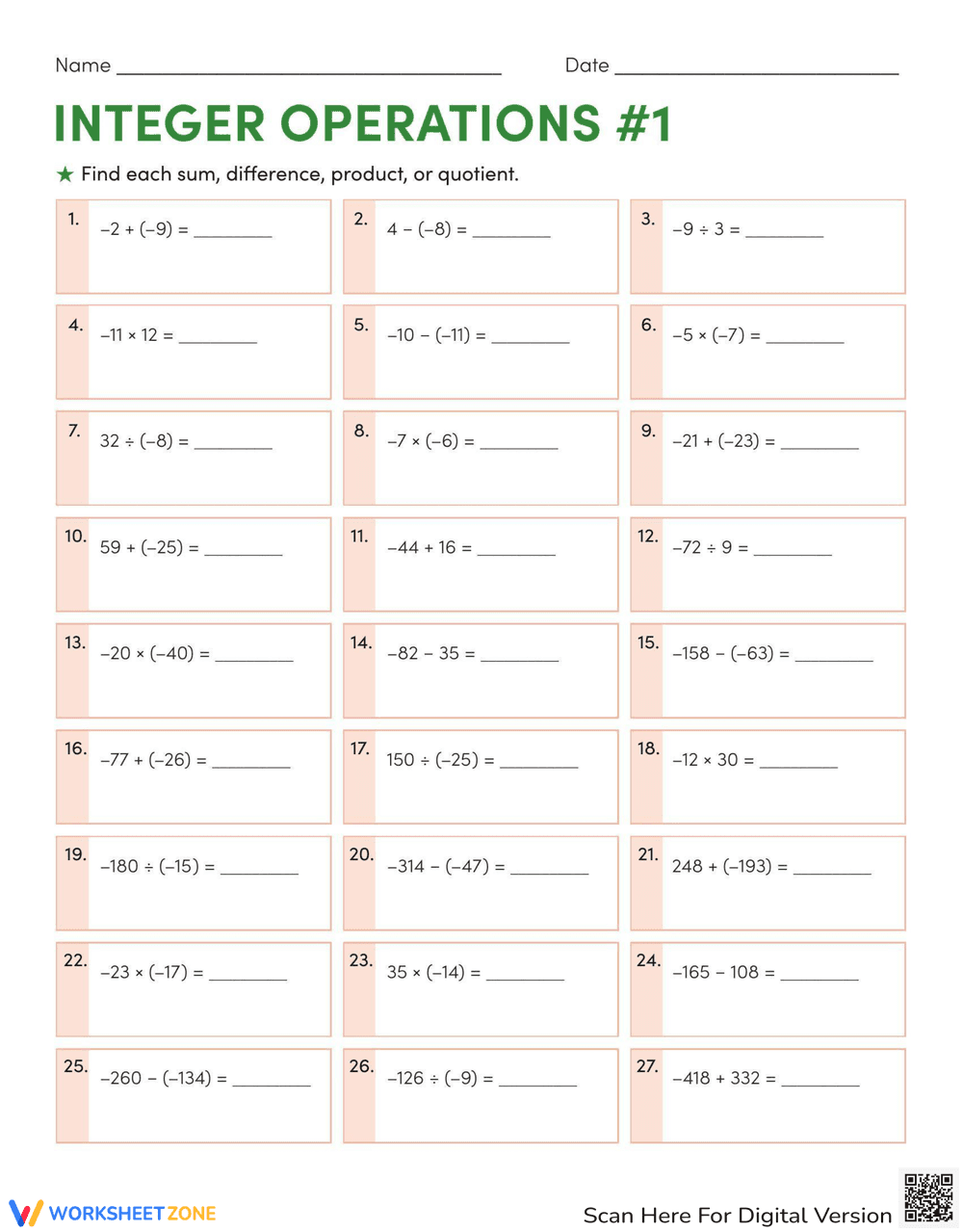 Integer Operations: Practice Math Worksheet - Page 1
