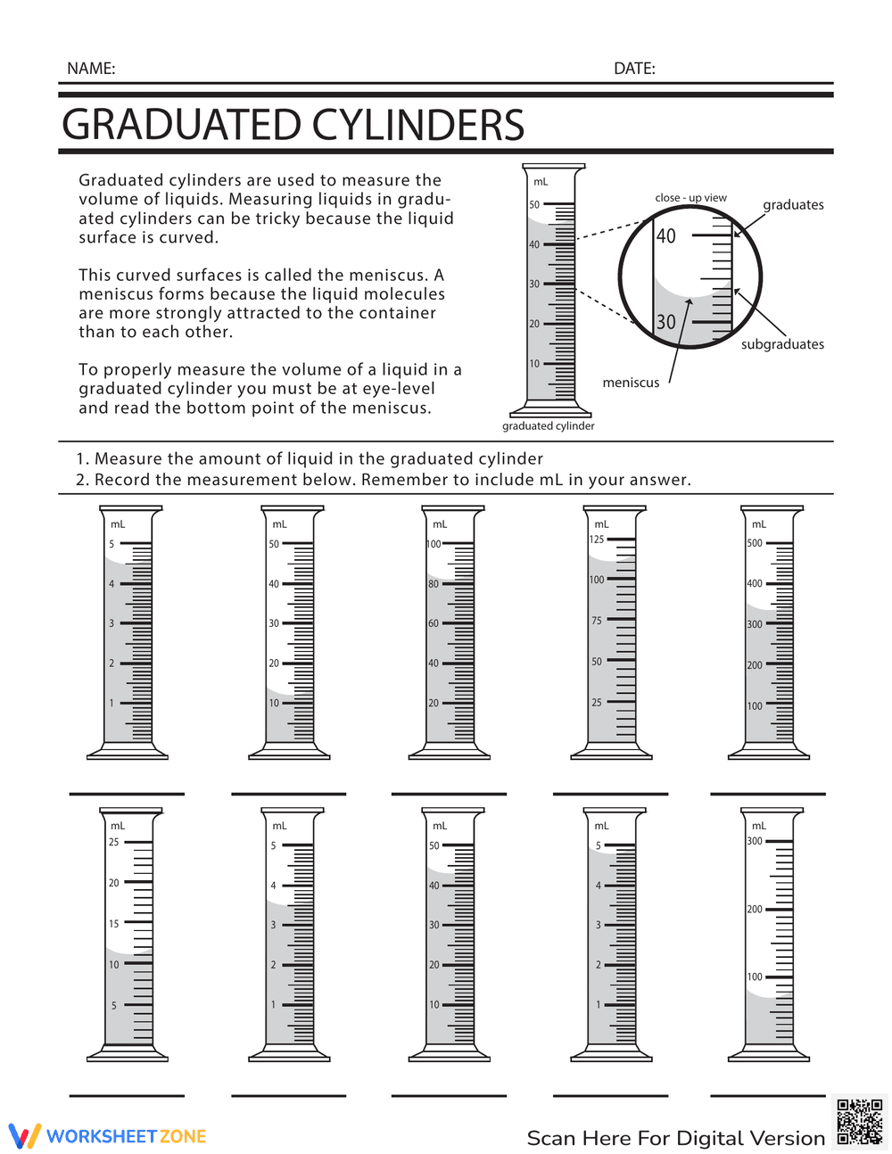 Using a Graduated Cylinder Worksheet - Page 1