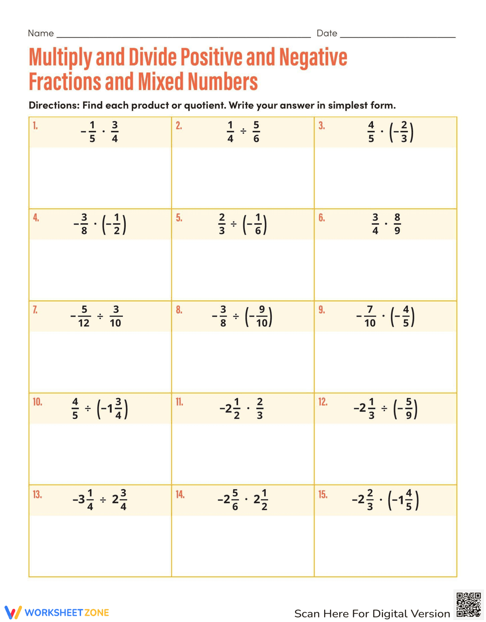 Multiply and Divide Positive & Negative Fractions - Page 1