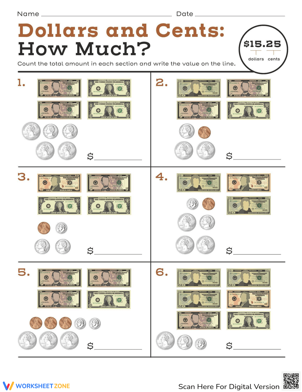 Dollars and Cents Counting Practice - Page 1