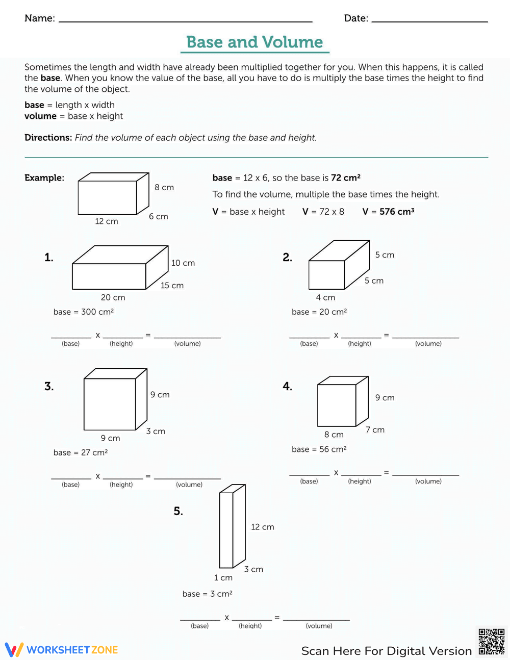 Understanding Base and Volume Worksheet - Page 1