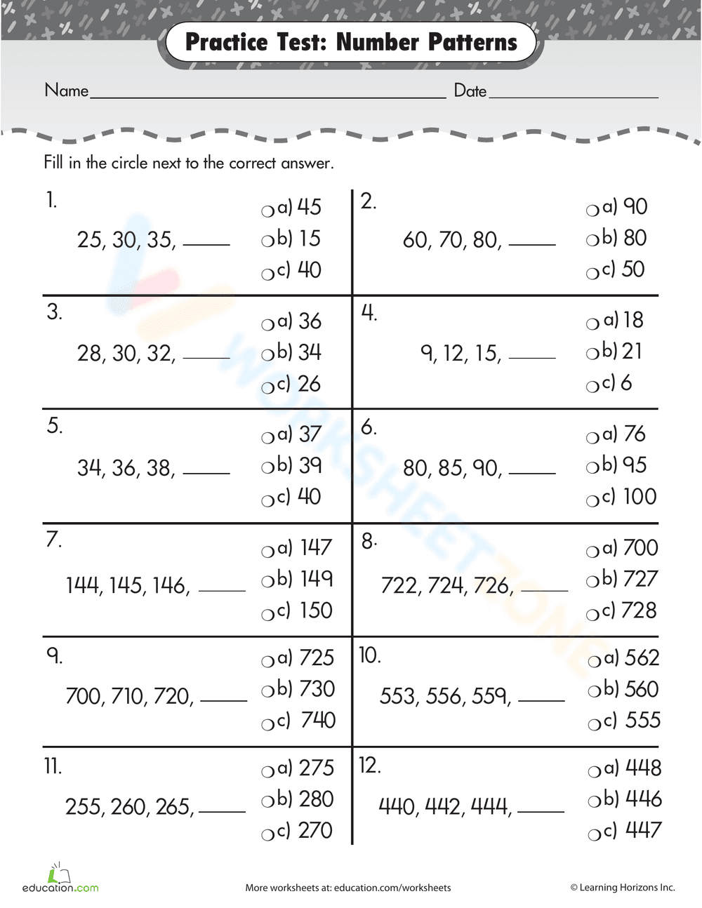 Practice Test: Number Patterns - Page 1