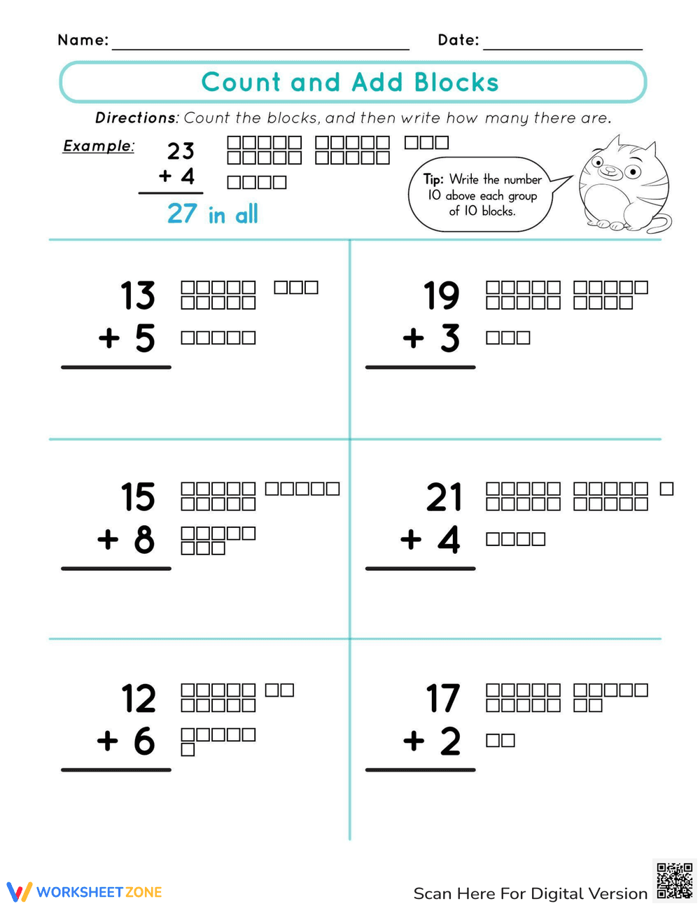 Count and Add Blocks Worksheet - Page 1