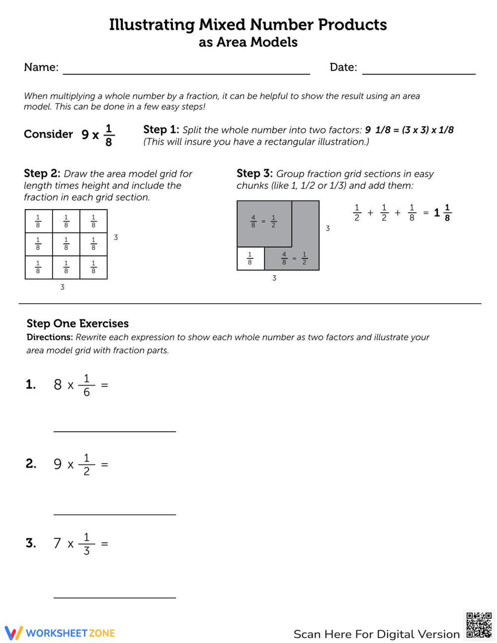 Illustrating Mixed Number Products Worksheet - Page 1