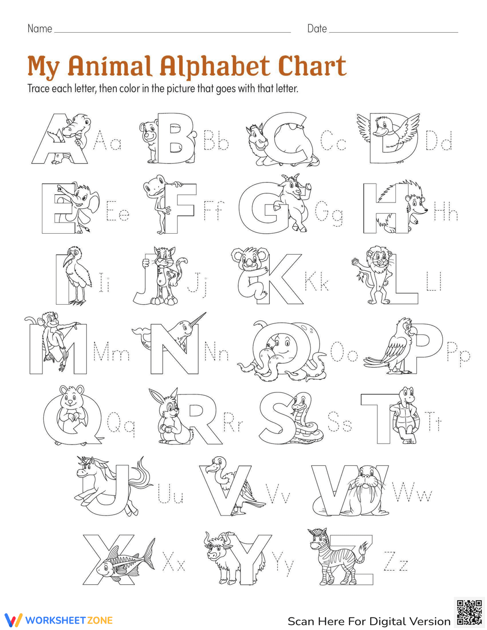 Animal Alphabet Coloring and Tracing Chart - Page 1