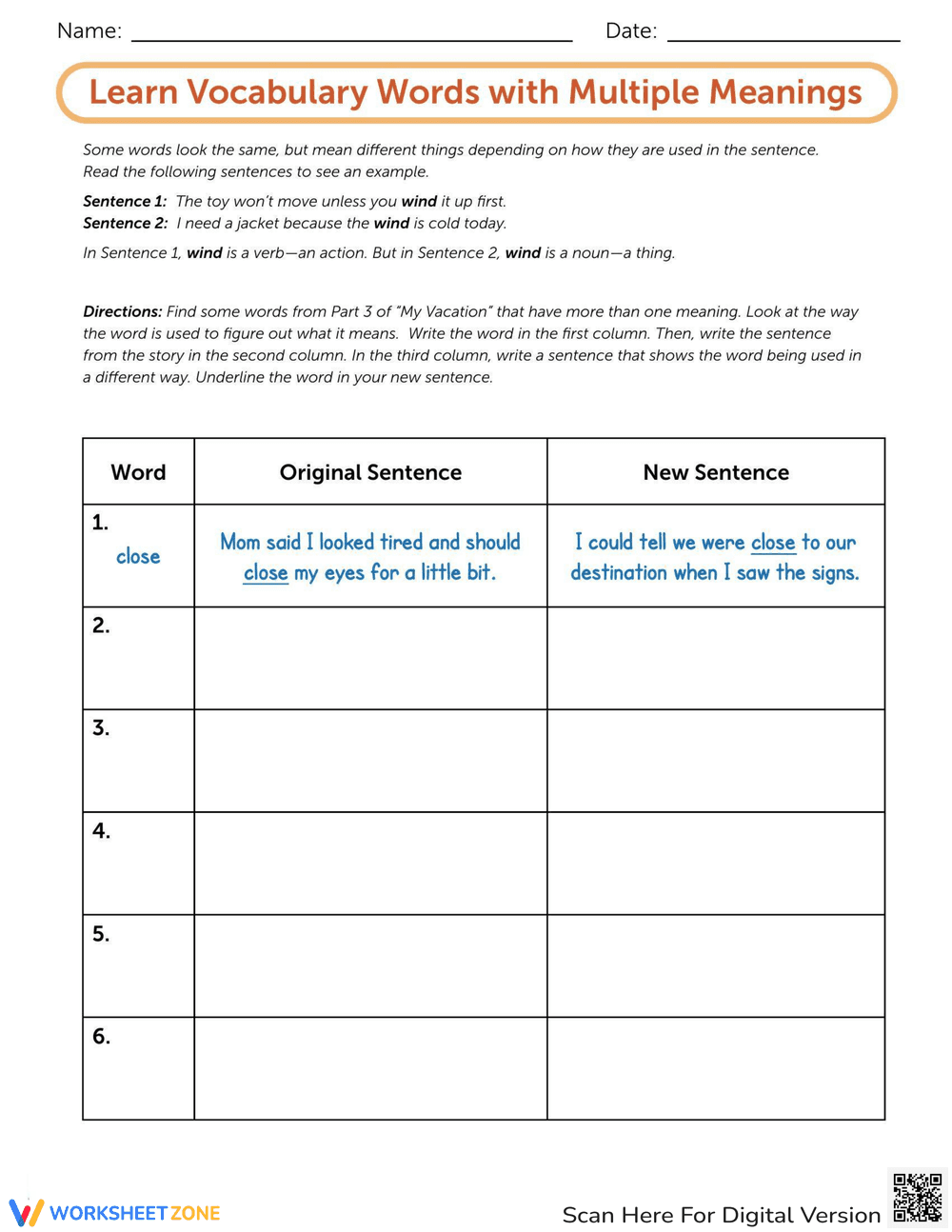 Vocabulary Words: Multiple Meanings Learning - Page 1