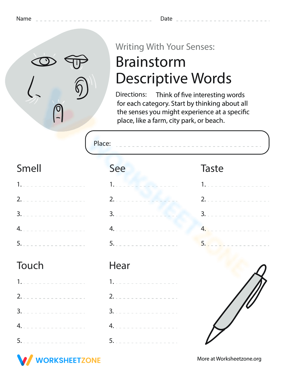 Brainstorm Descriptive Words Worksheet - Page 1