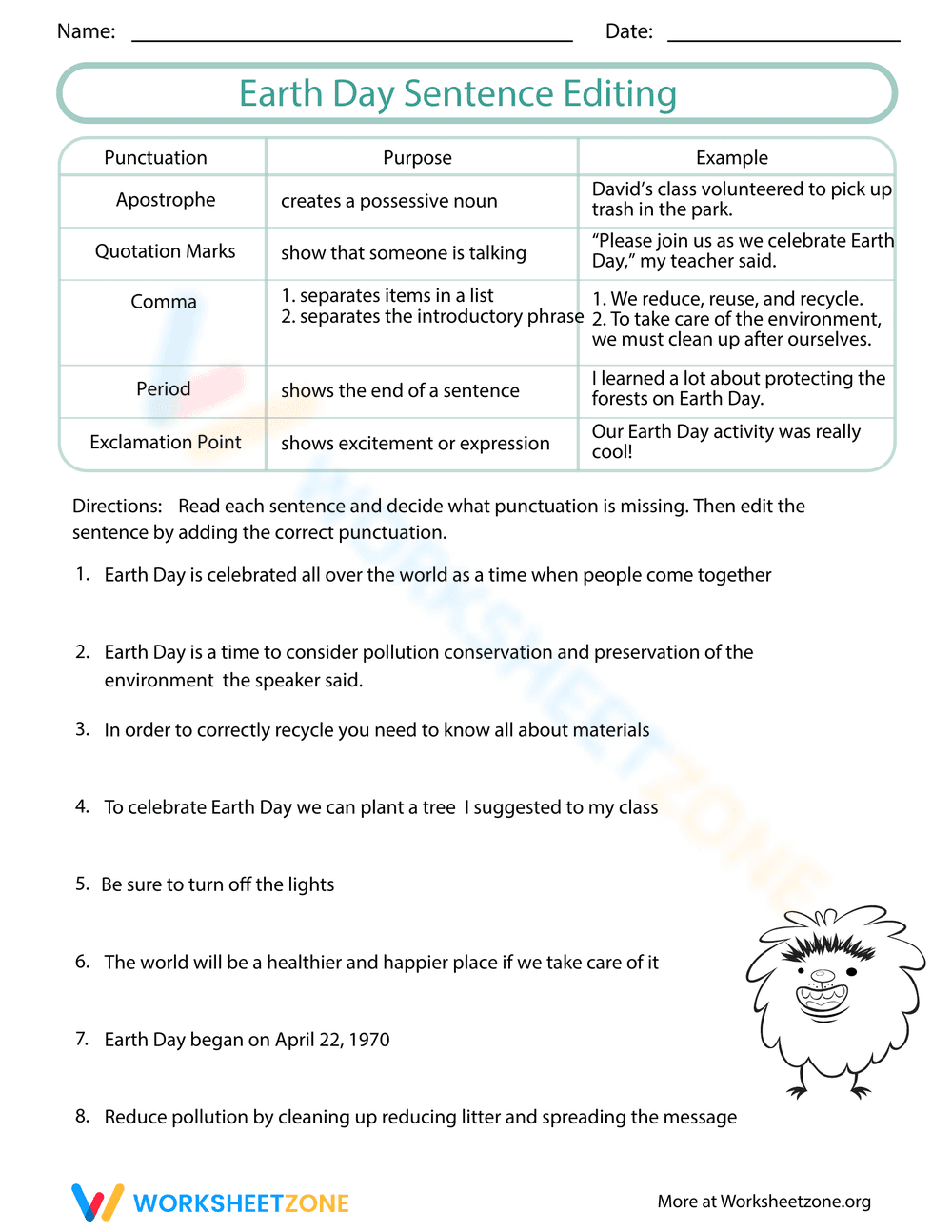 Earth Day Sentence Editing Worksheet - Page 1