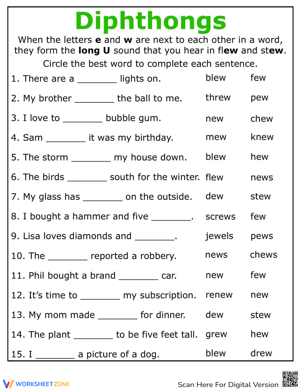 Practice Reading Vowel Diphthongs: ew - Page 1