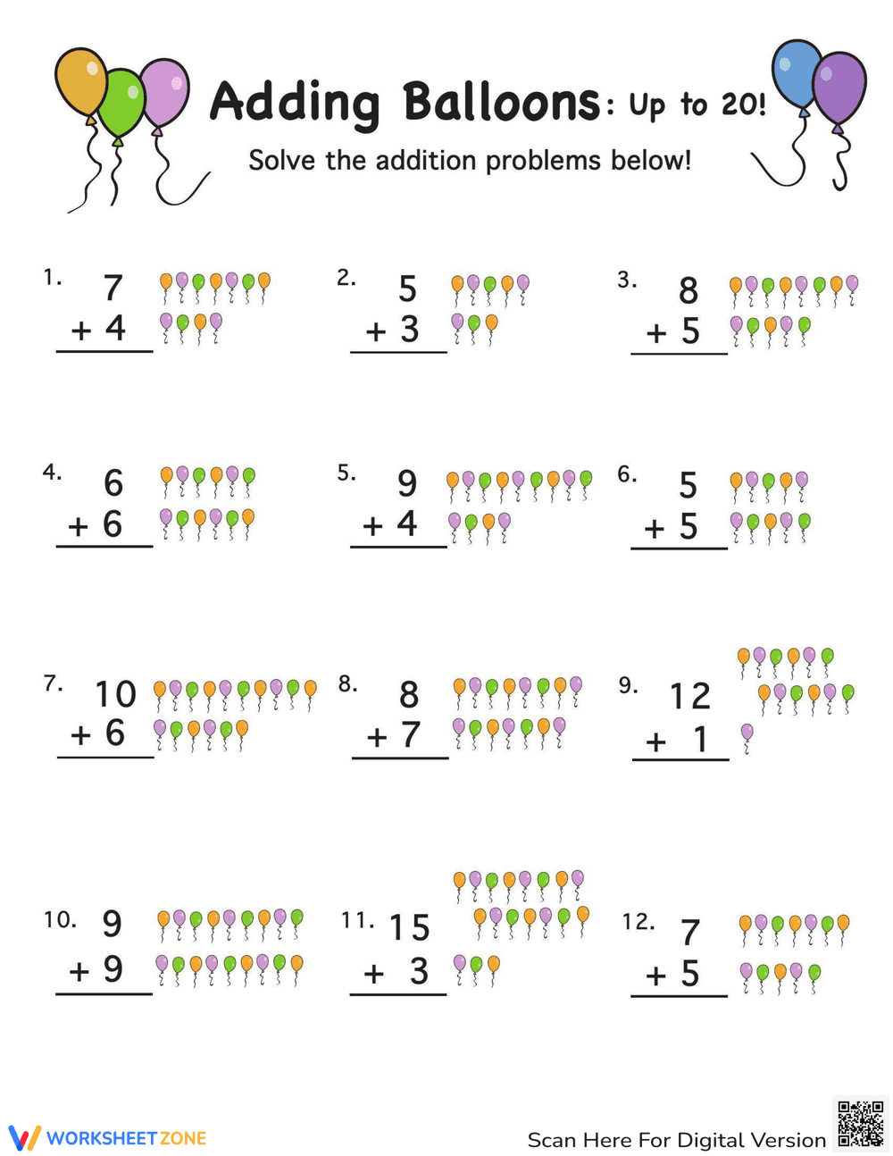 Adding Up to 20 Practice Worksheet - Page 1