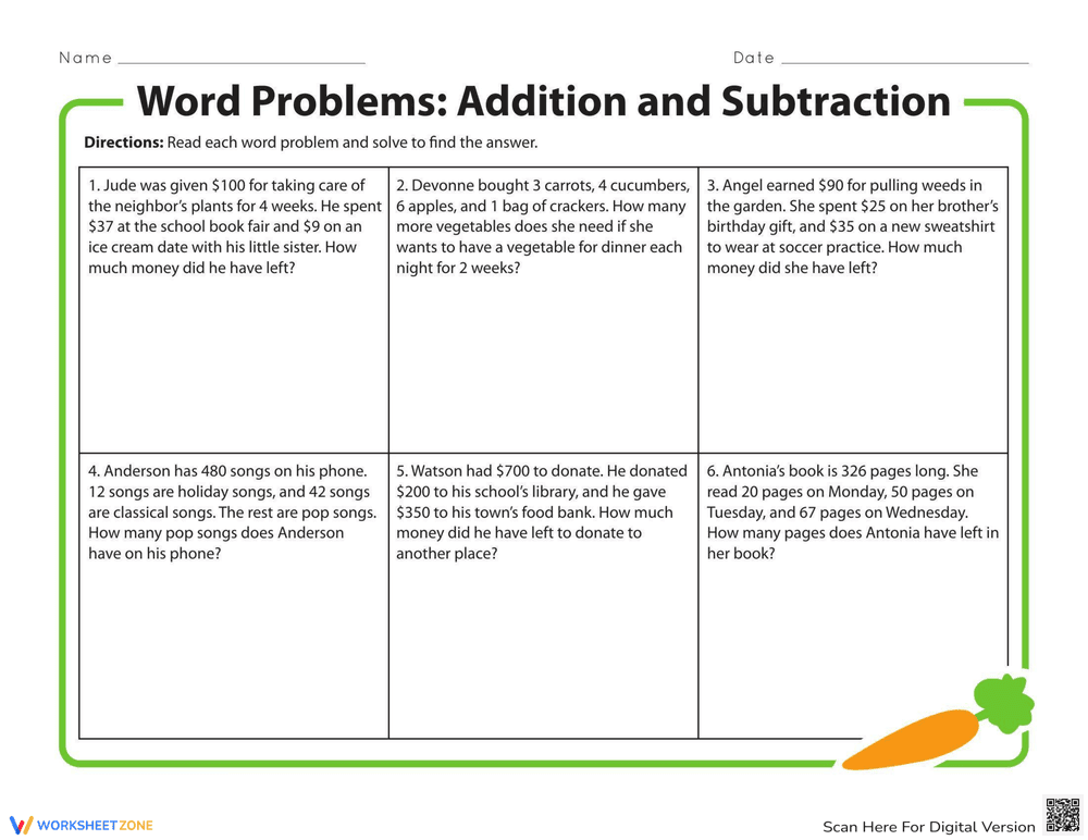 Addition and Subtraction Word Problems - Page 1