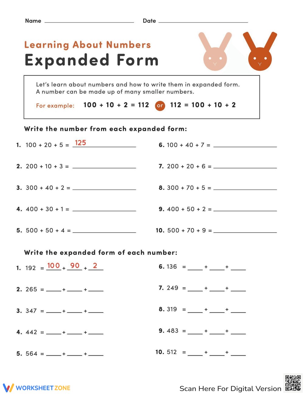 Expanding Numbers Using Place Value - Page 1