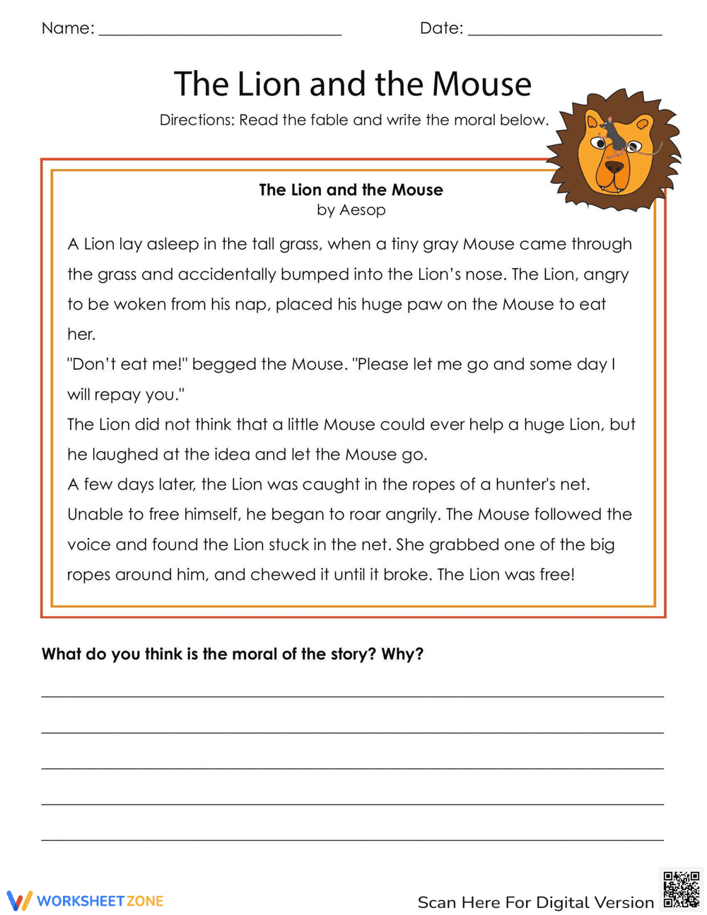 The Lion and the Mouse Fable Worksheet - Page 1