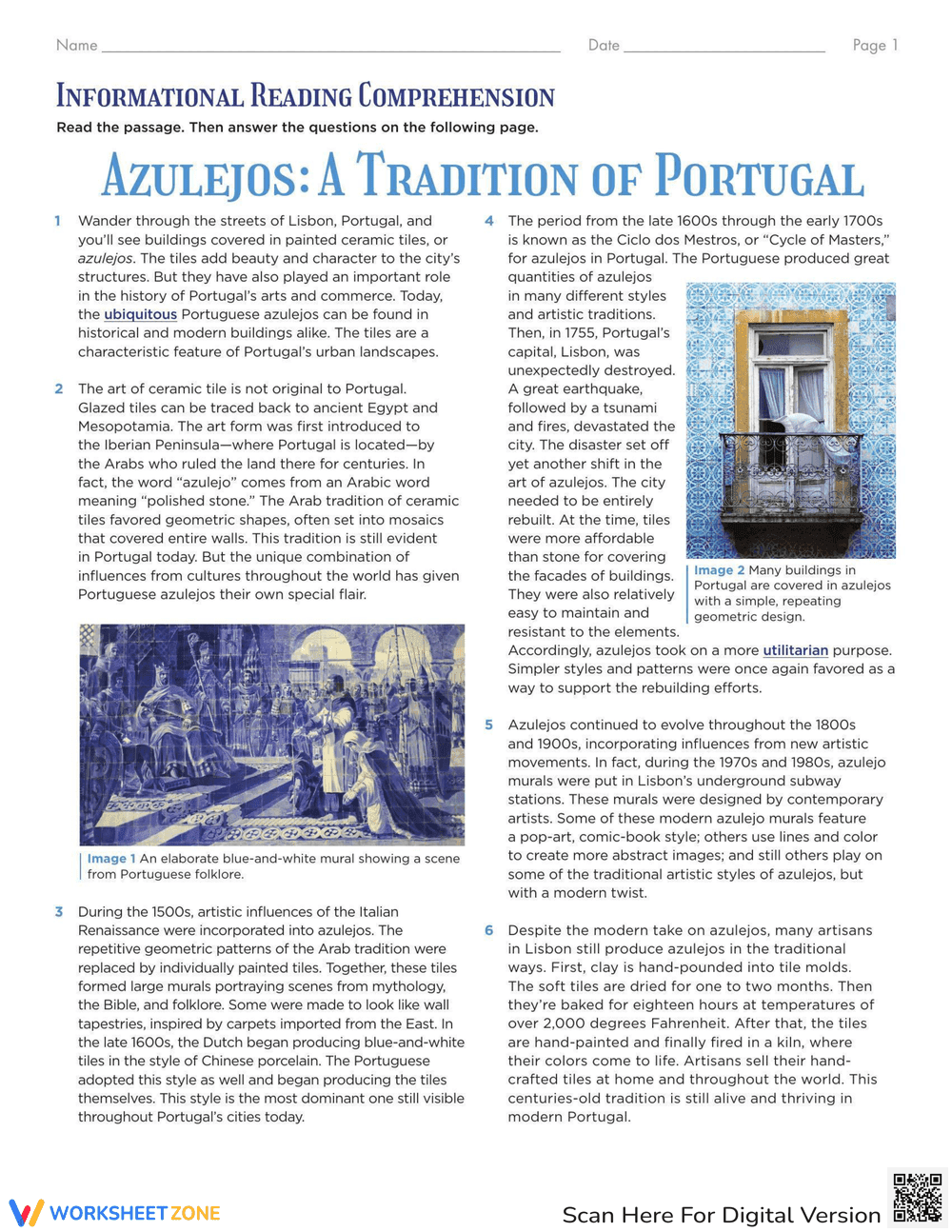 Azulejos: Reading Comprehension - Page 1