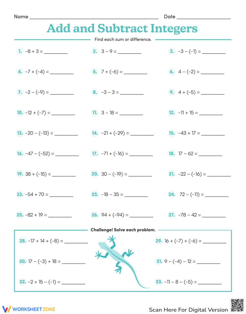 Add and Subtract Integers Worksheet for Math Practice - Page 1
