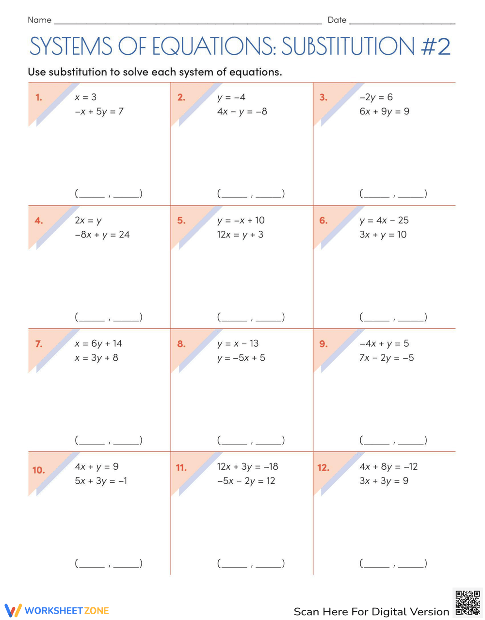 Systems of Equations Worksheet for Algebra - Page 1