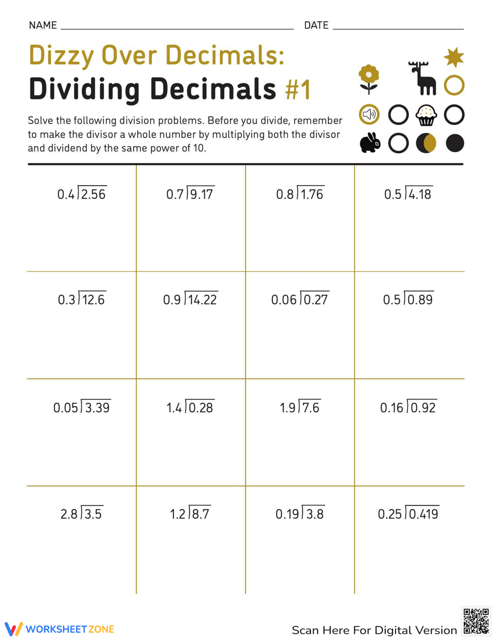 Dividing Decimals Worksheet for Decimal Division - Page 1