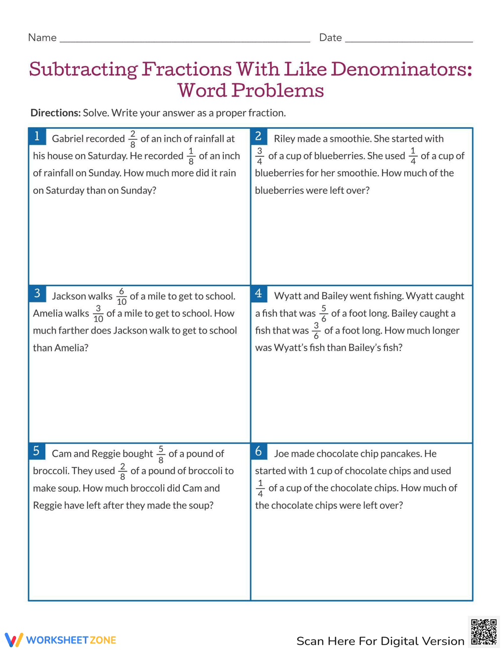 Subtracting Fractions Worksheet with Word Problems - Page 1