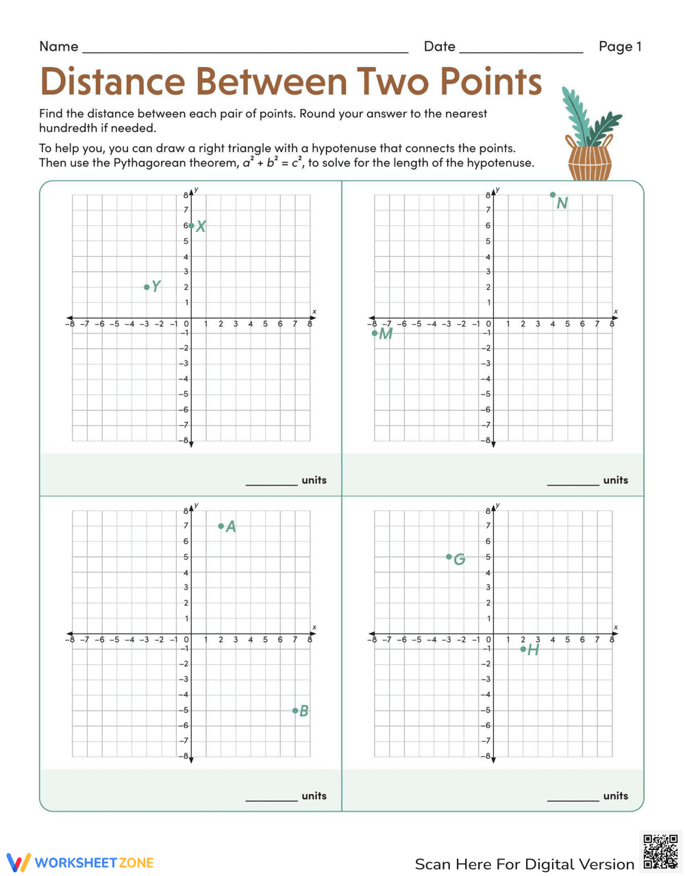 Distance Between Two Points Worksheet - Page 1