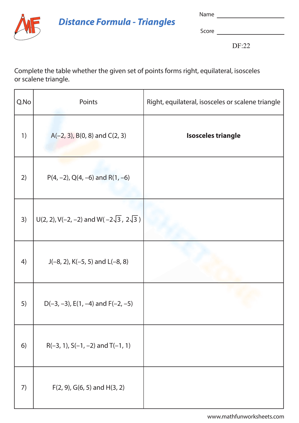 Distance Formula - Triangles - Page 1