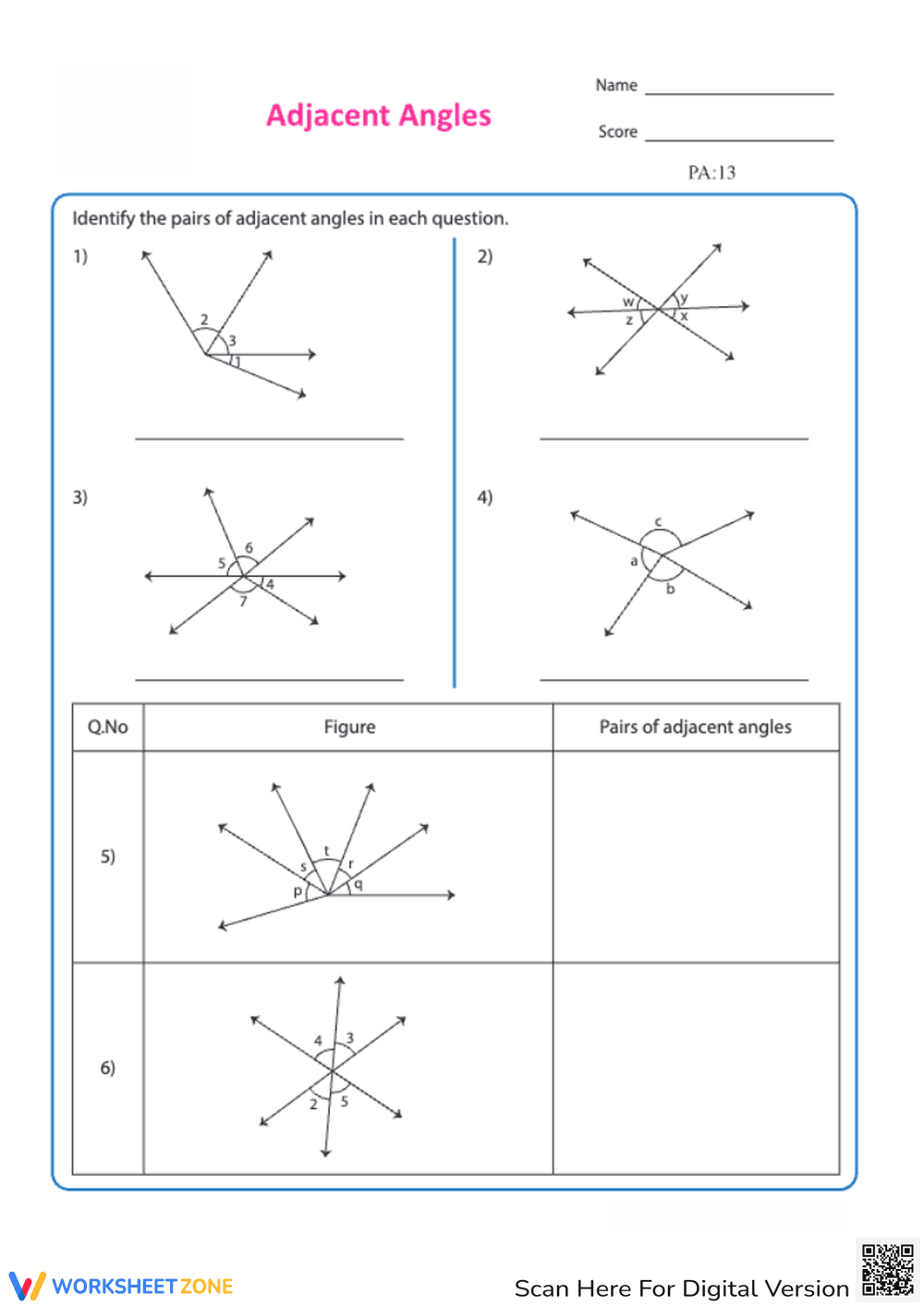 Geometry Adjacent Angles Exercise - Page 1