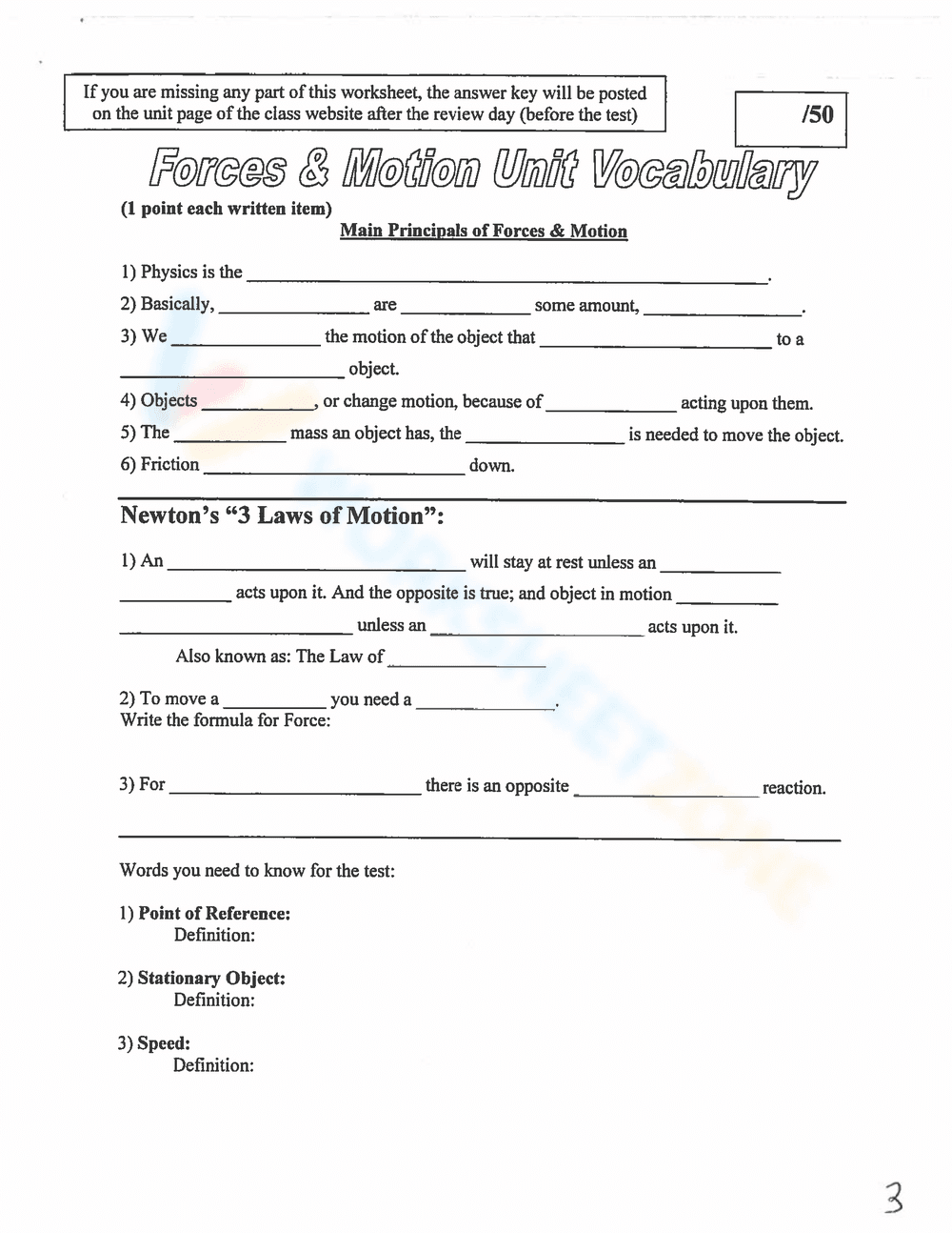 Forces & Motion: Vocabulary Building Worksheet - Page 1