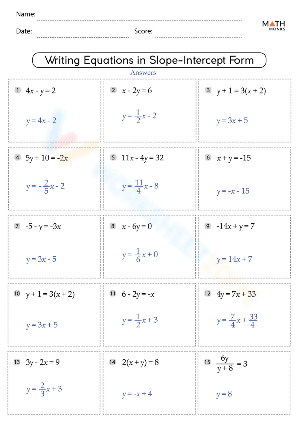 Writing Equations: Slope-Intercept Form Worksheet - Page 2