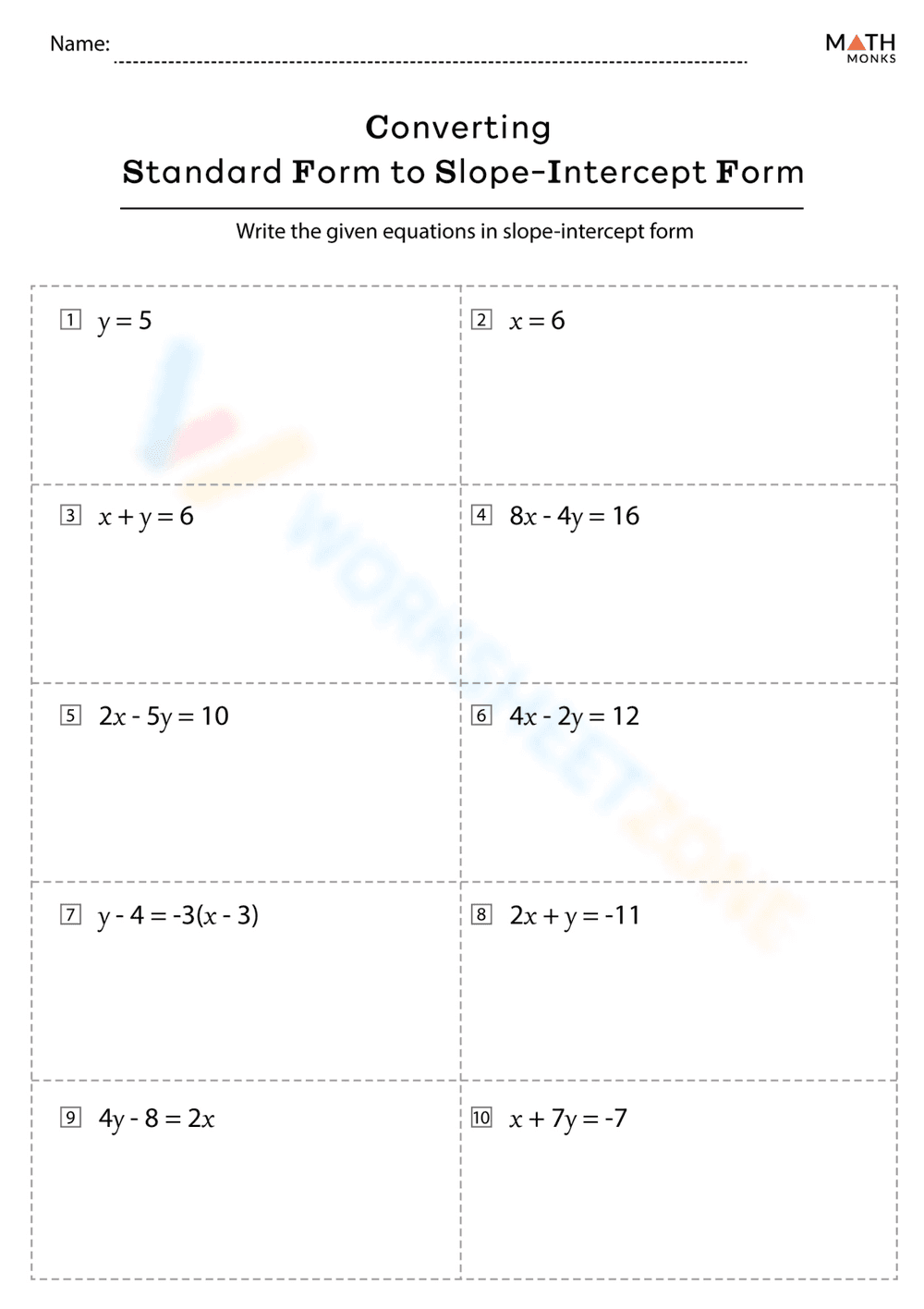 Convert to Slope-Intercept Form Worksheet - Page 1