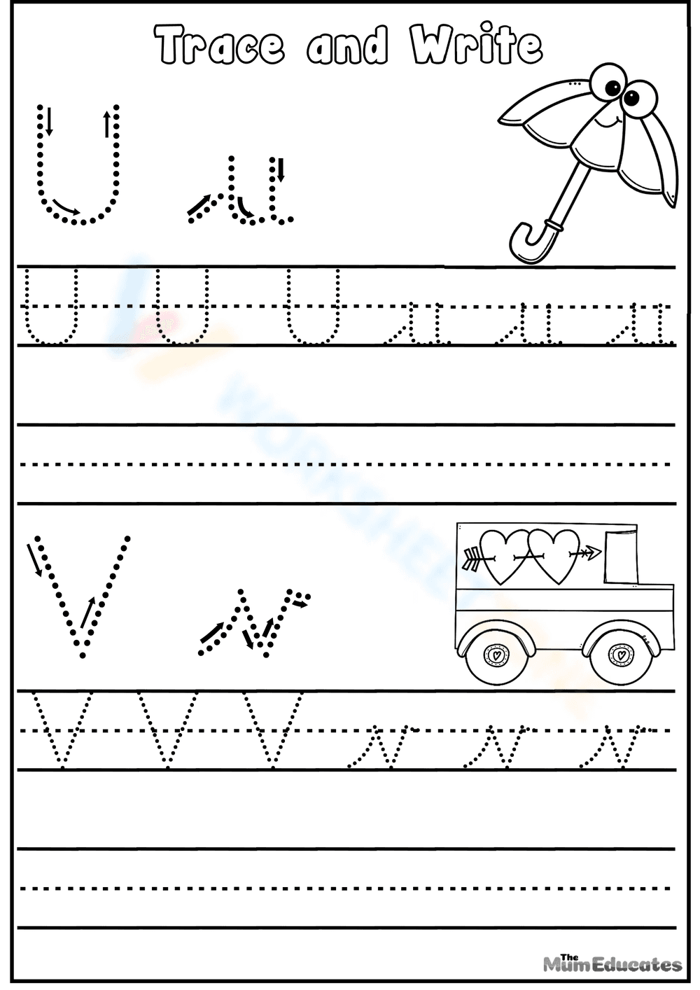 Tracing Alphabet Letters U and V Worksheet - Page 1
