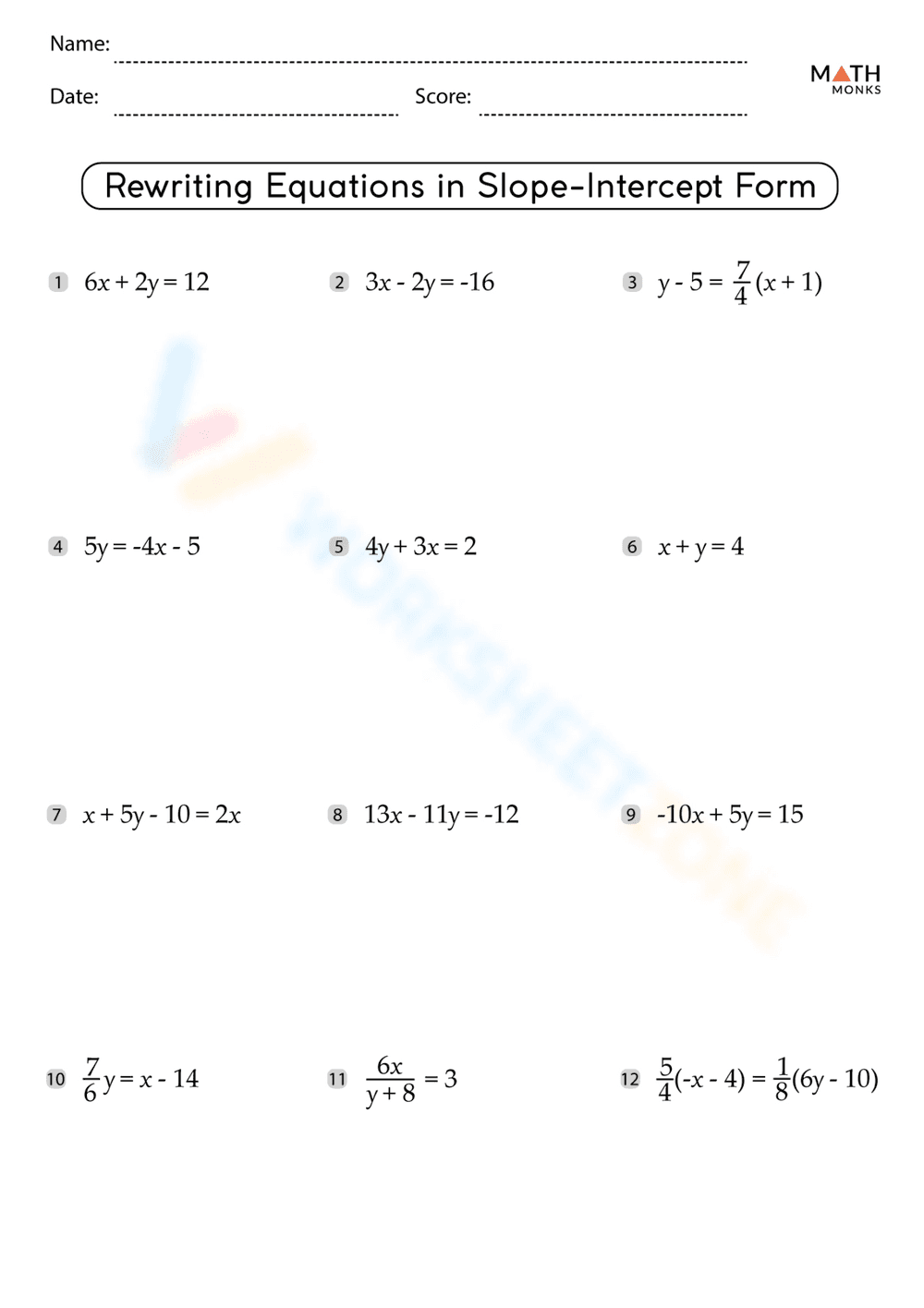 Rewrite Equations to Slope-Intercept Form - Page 1