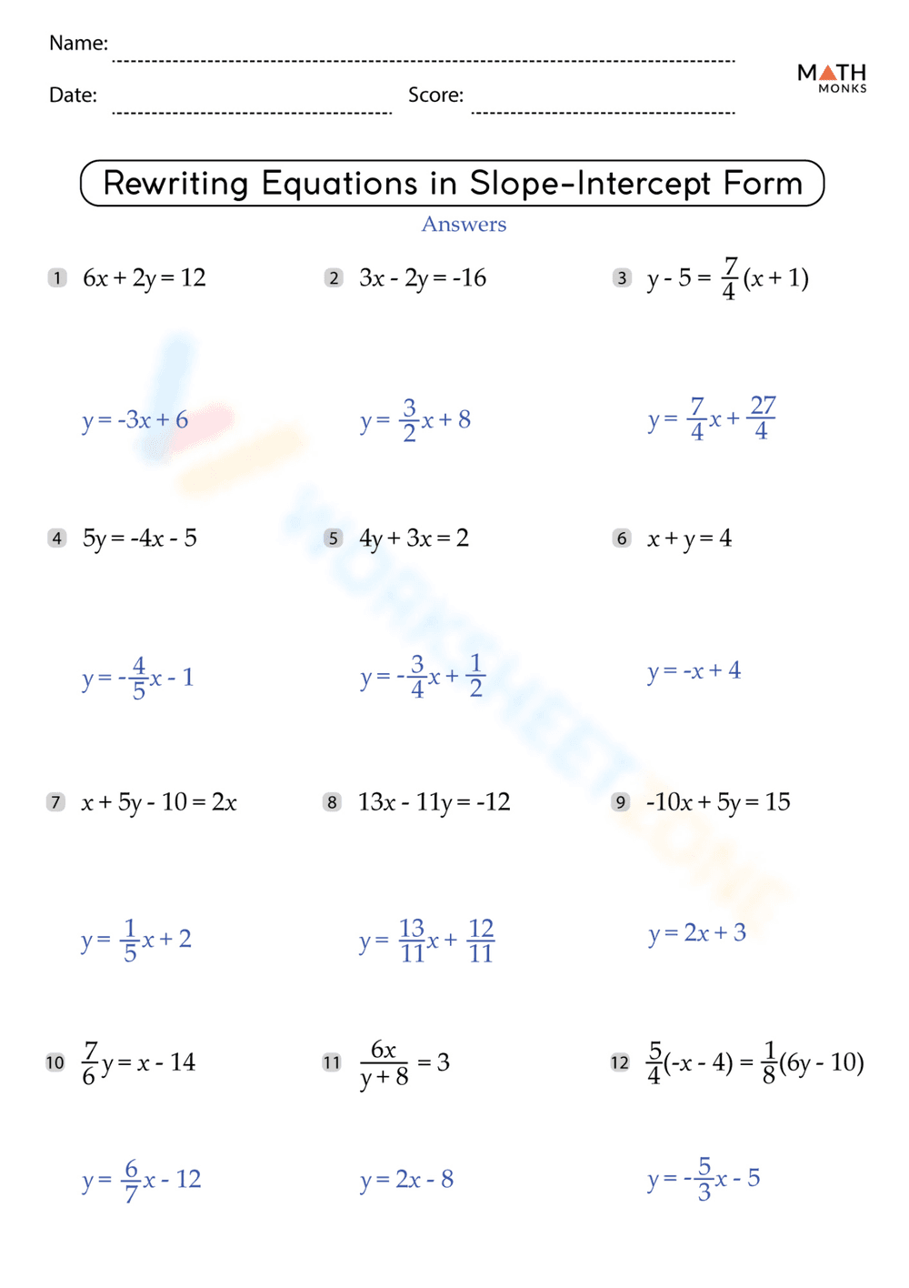 Rewrite Equations to Slope-Intercept Form - Page 2