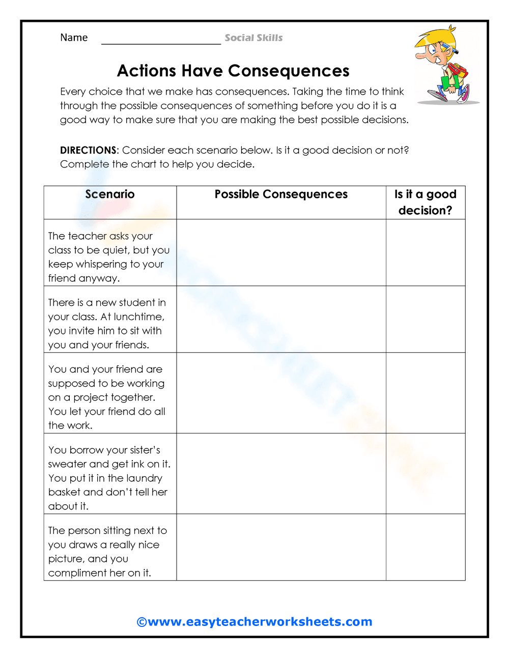 Actions Have Consequences Worksheet - Page 1