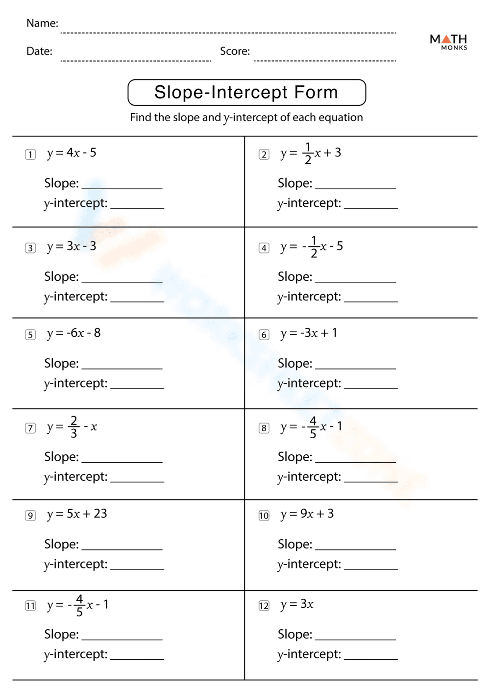Practice Slope Intercept Form Worksheet - Page 1