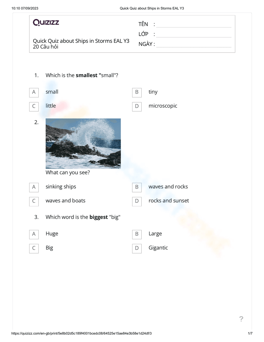 Quick Quiz: Ships in Storms Worksheet - Page 1