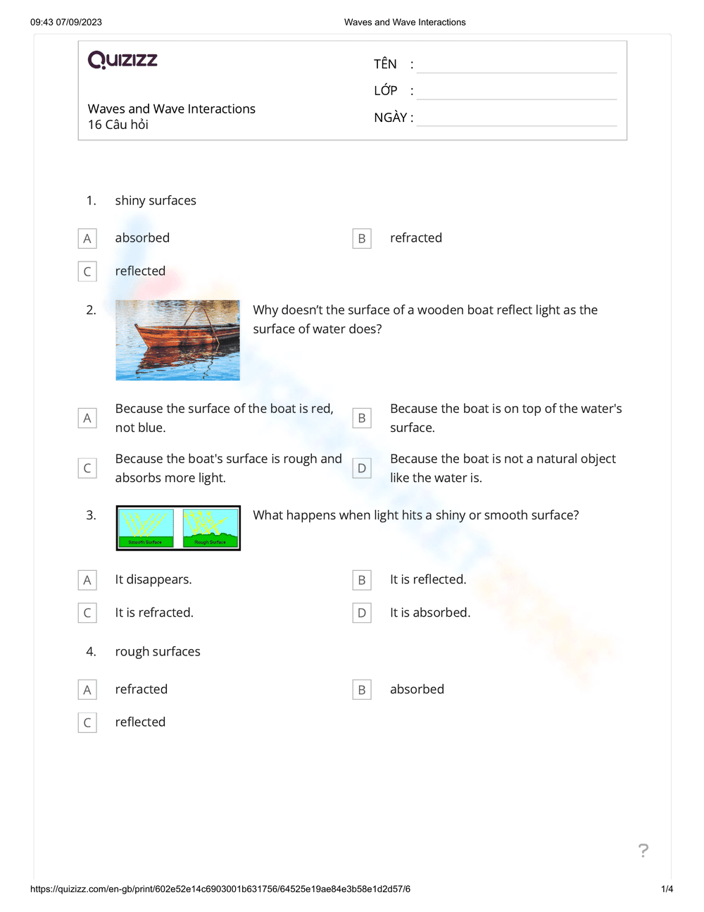 Waves and Their Interactions Worksheet - Page 1