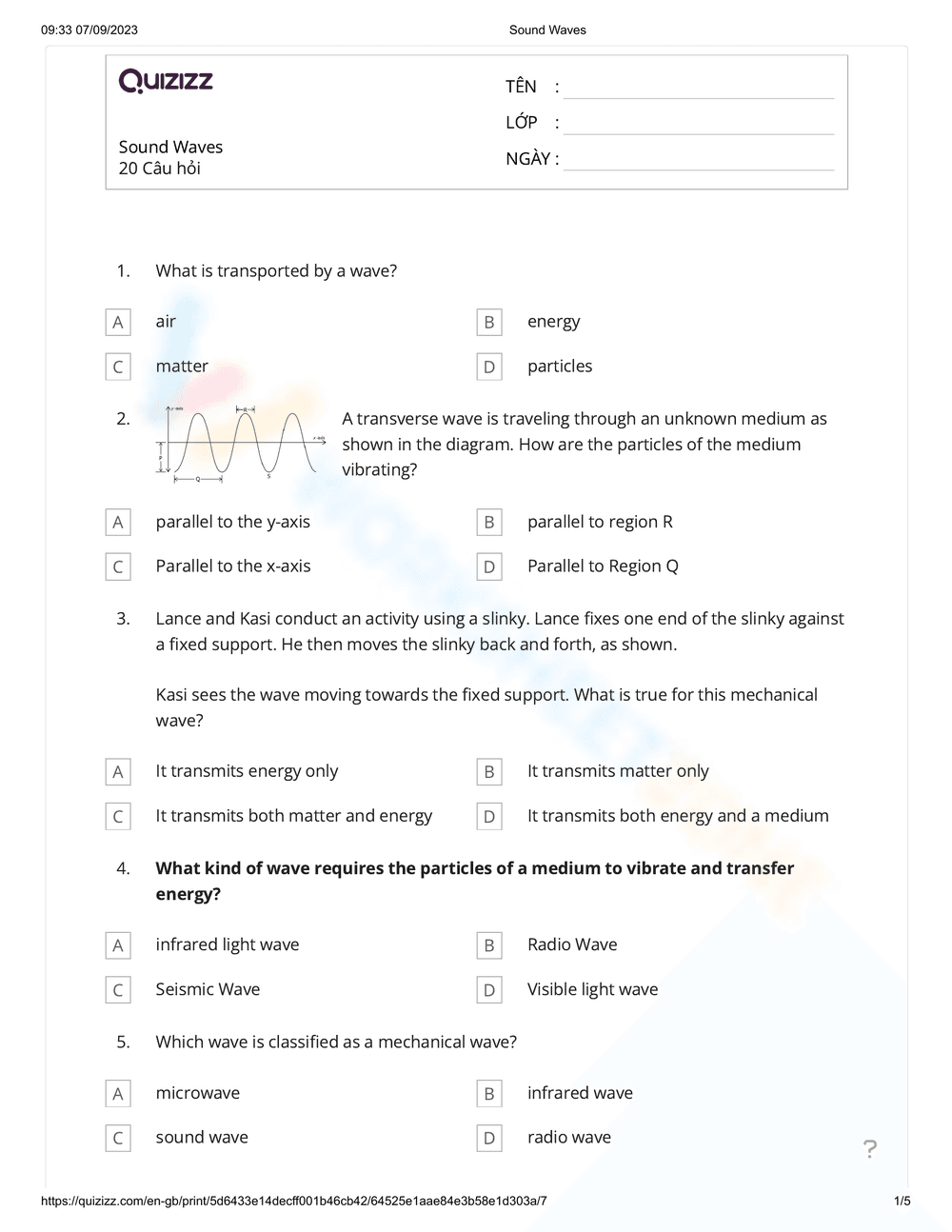 Sound Waves Worksheet for Grade 7 - Page 1