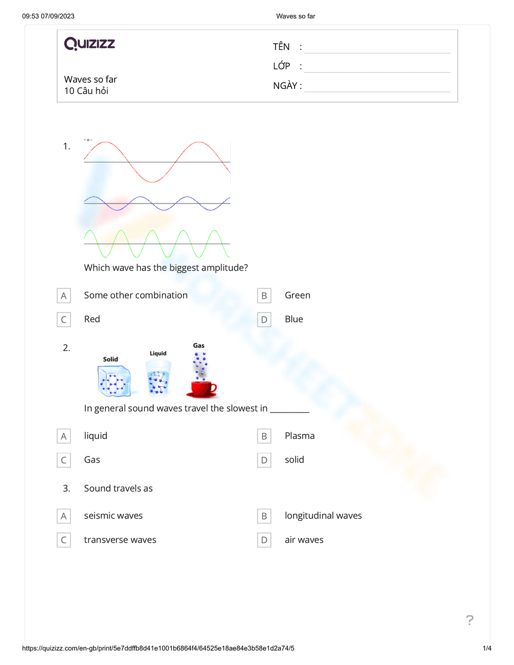 Reviewing Waves: A Comprehensive Worksheet - Page 1