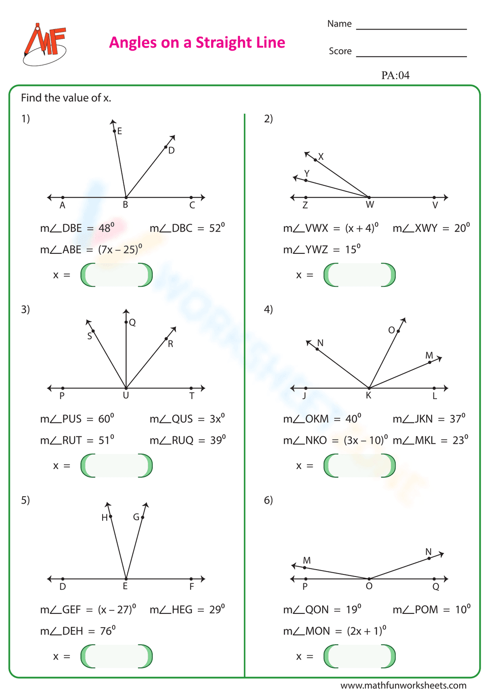 Find the value of x Worksheet 1 - Page 1