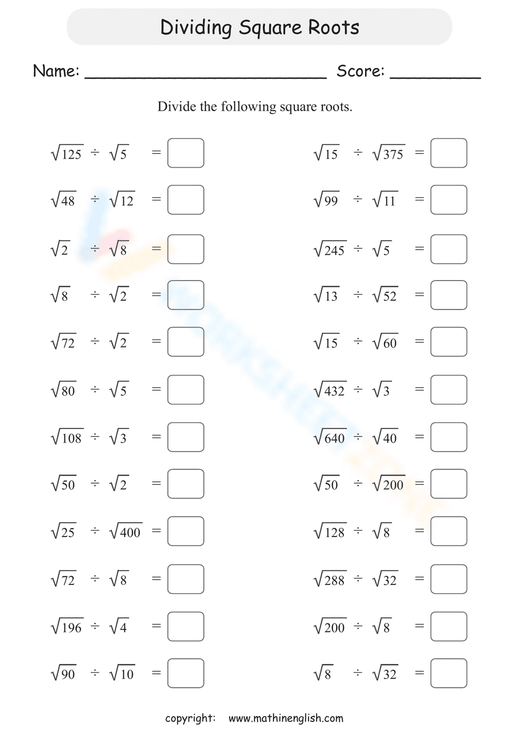 Dividing Square Roots Worksheet - Page 1