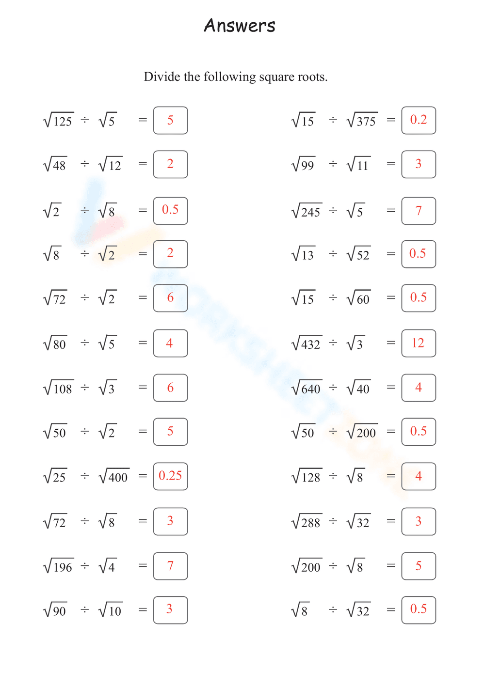 Dividing Square Roots Worksheet - Page 2