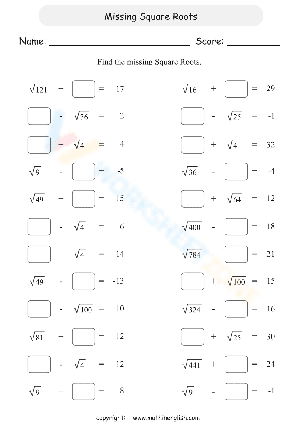 Missing Square Roots Worksheet - Page 1