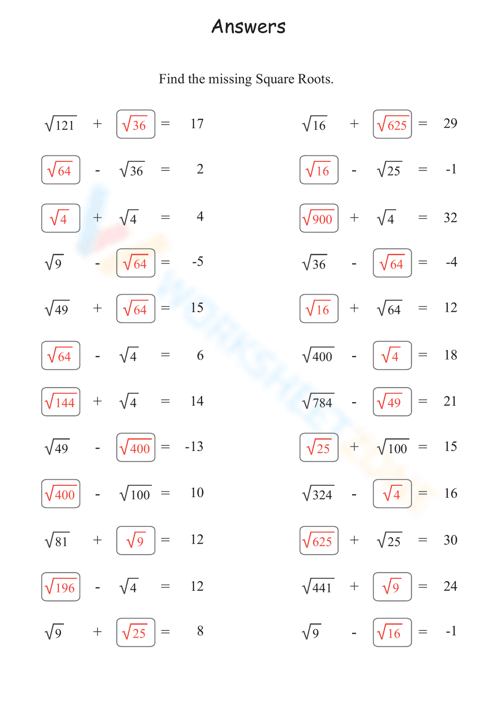 Missing Square Roots Worksheet - Page 2