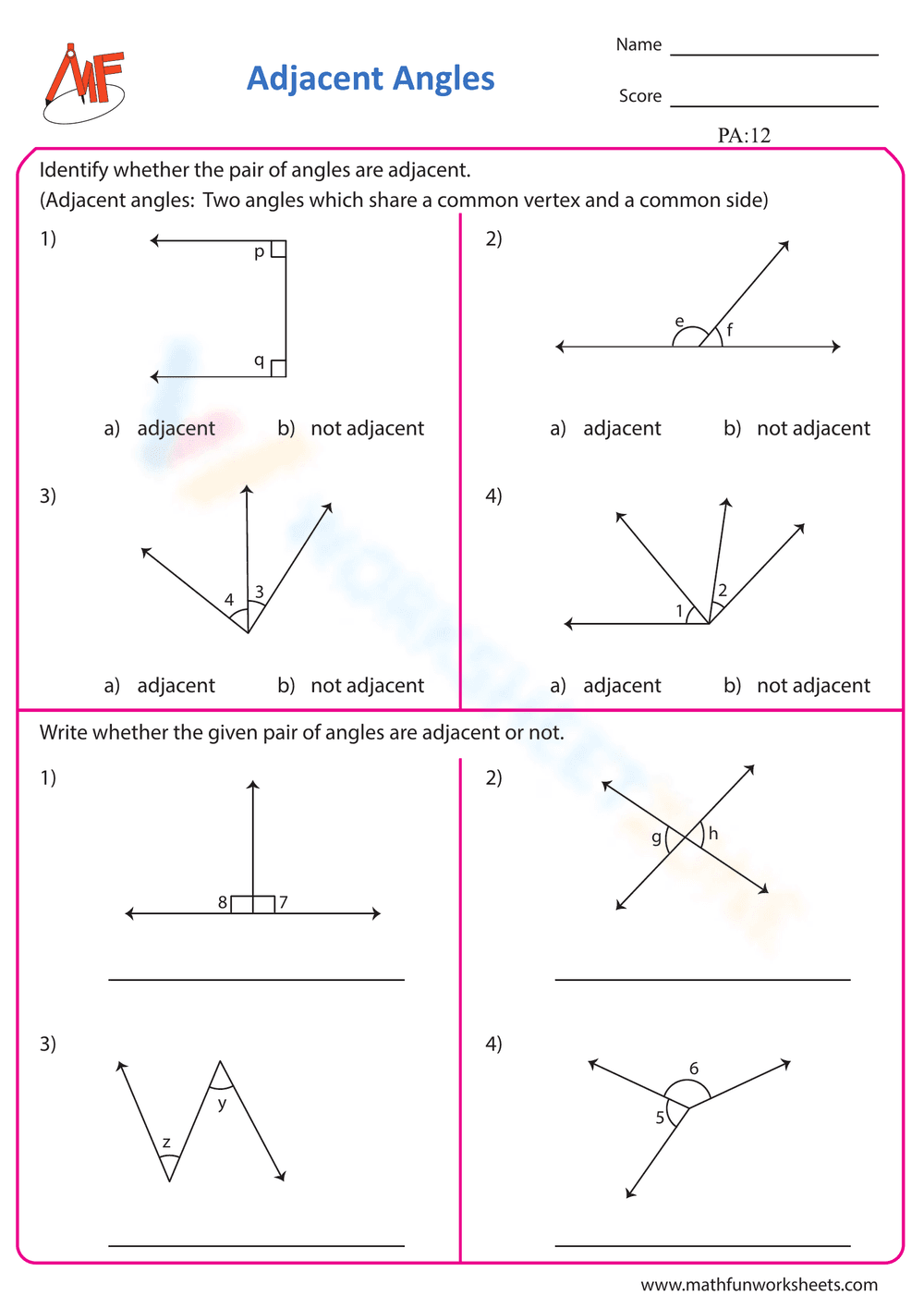 Adjacent Angles 3 - Page 1